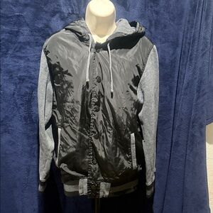 Men's Black and Gray Hooded Bomber Jacket